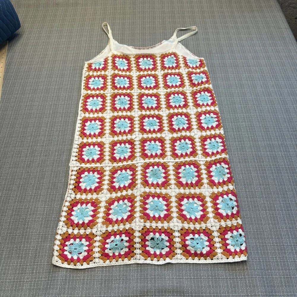 Crochet Granny Square Mini Dress Medium Cottagecore Retro‎ 70s Floral Sundress